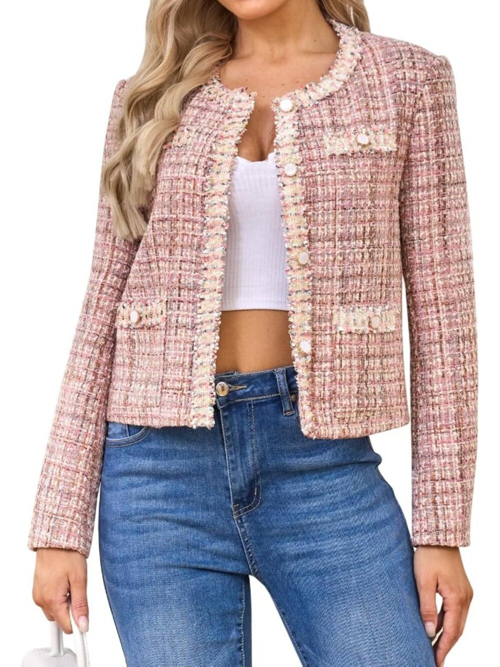 Chic Women's Cropped Tweed Blazer Jacket - Long Sleeve, Collarless, Plaid Style